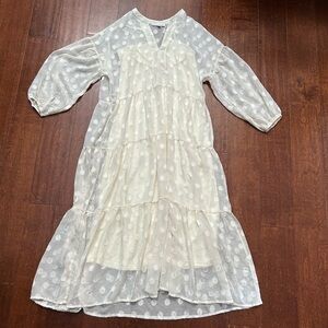 Moon River Versatile Tiered Flowy Sheer Ivory Polka Dot Dress, Size Small